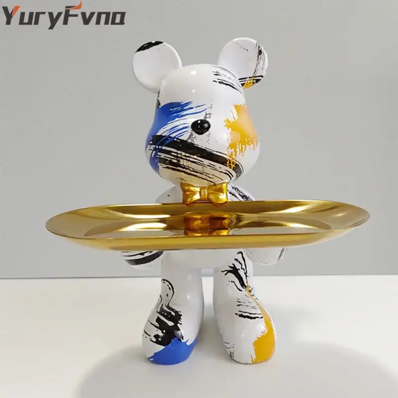 Modern graffiti bear statue ornament with gold tray living room decor