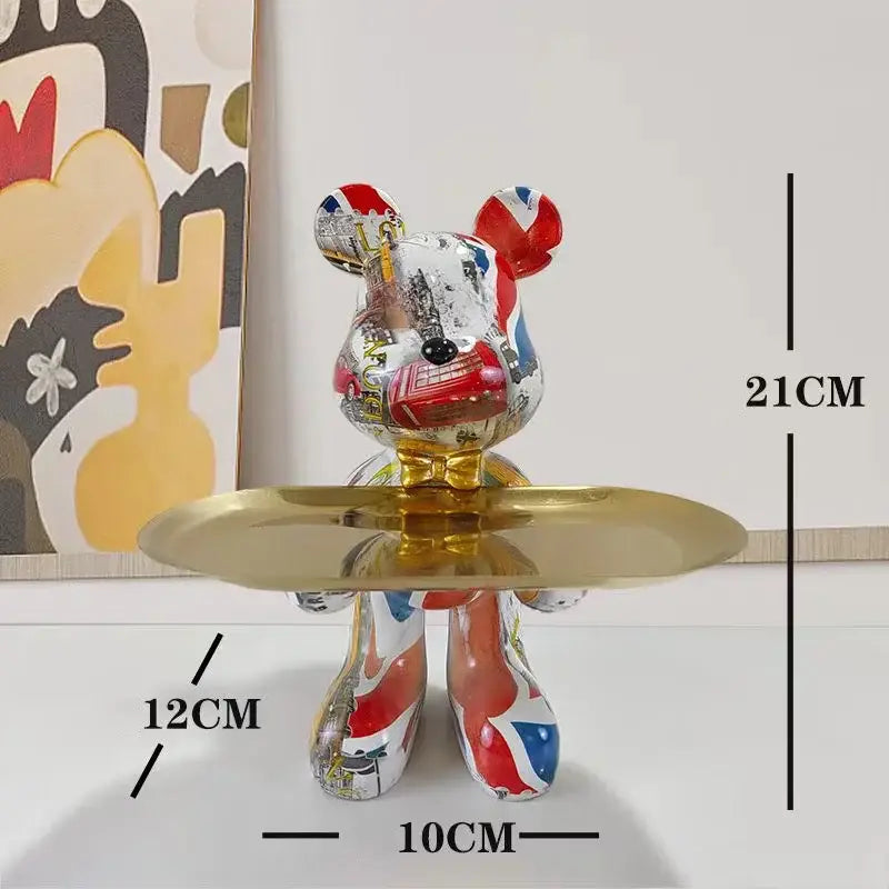 Modern graffiti bear statue ornament with gold tray living room decor