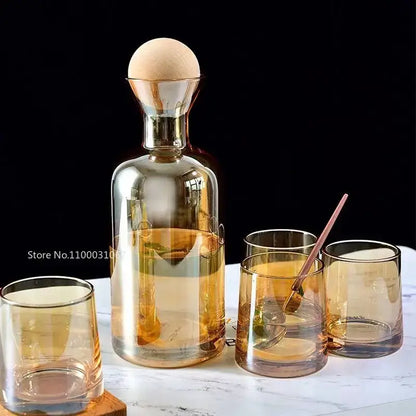 Modern gray amber glass water pitcher with wood stopper kitchen jug