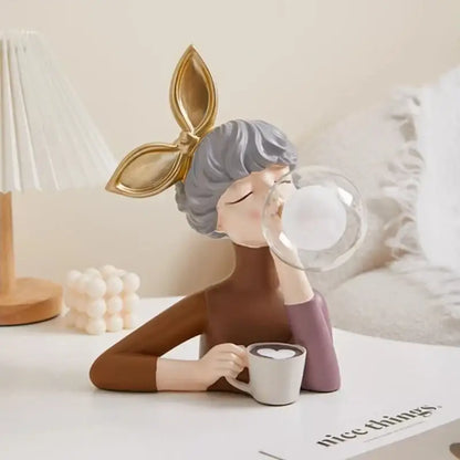 Modern gray and gold bubble girl statue night light bedroom decor