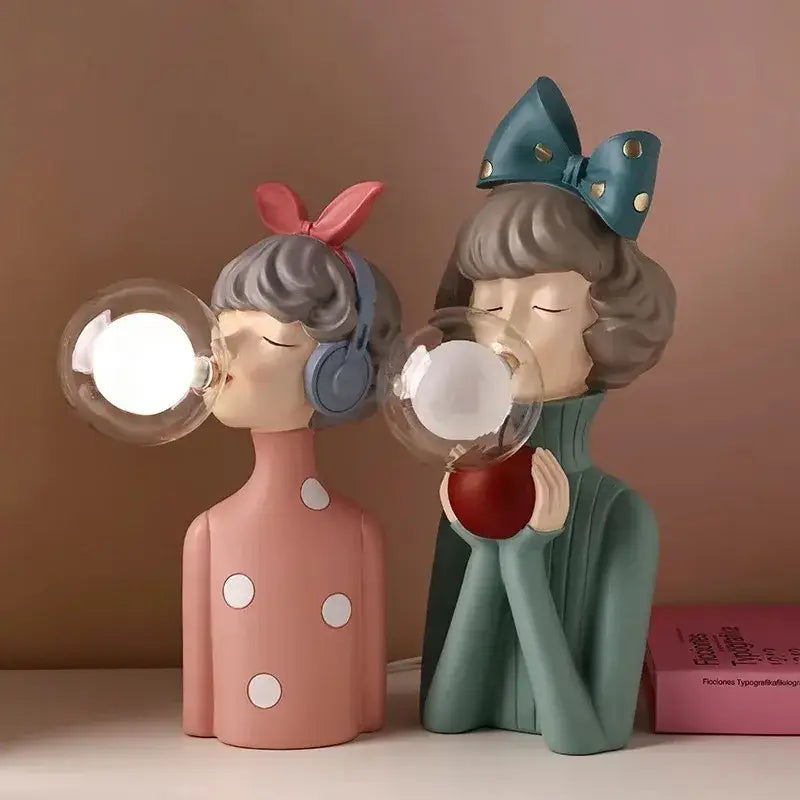 Modern gray and gold bubble girl statue night light bedroom decor