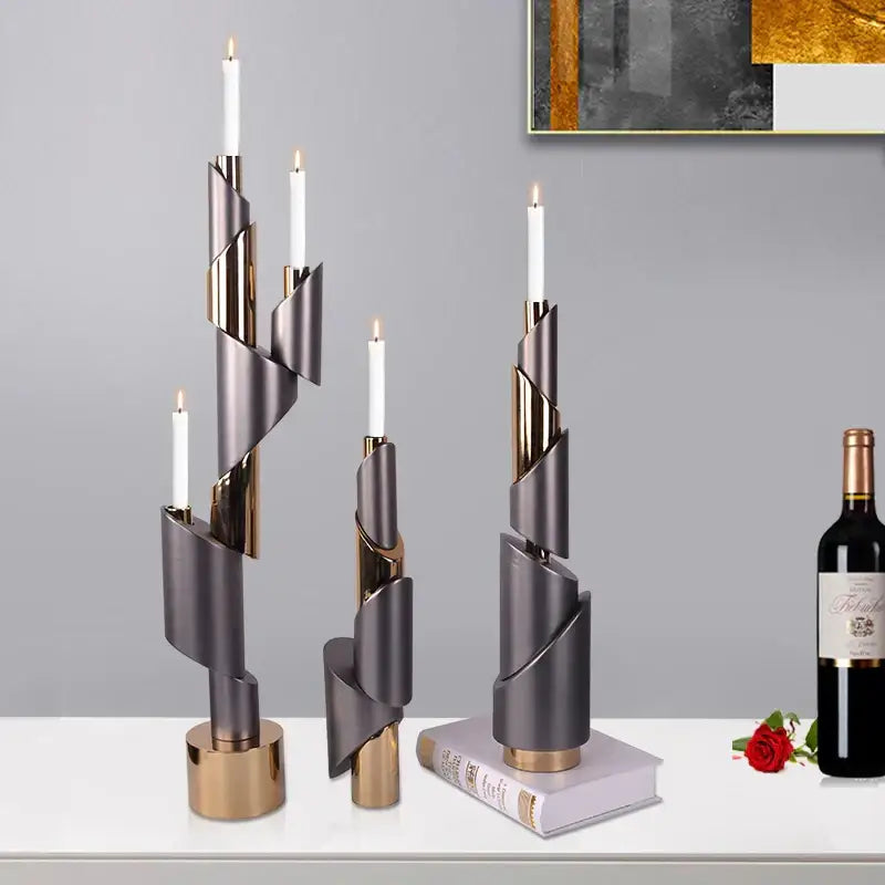 Modern gray & gold helical pipe candle holder dining room decor