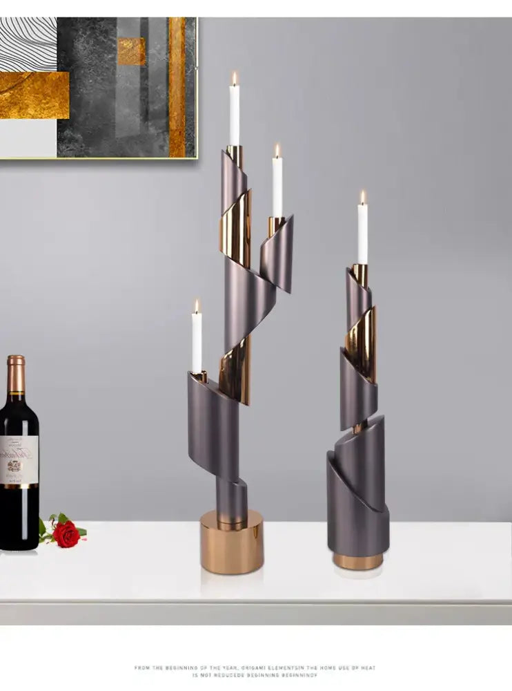 Modern gray & gold helical pipe candle holder dining room decor