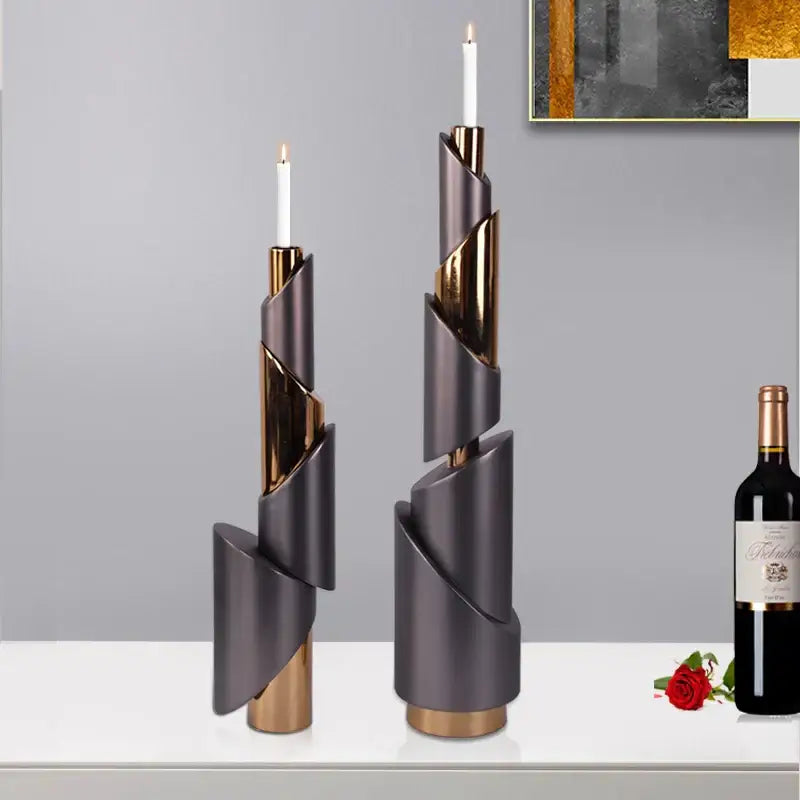 Modern gray & gold helical pipe candle holder dining room decor