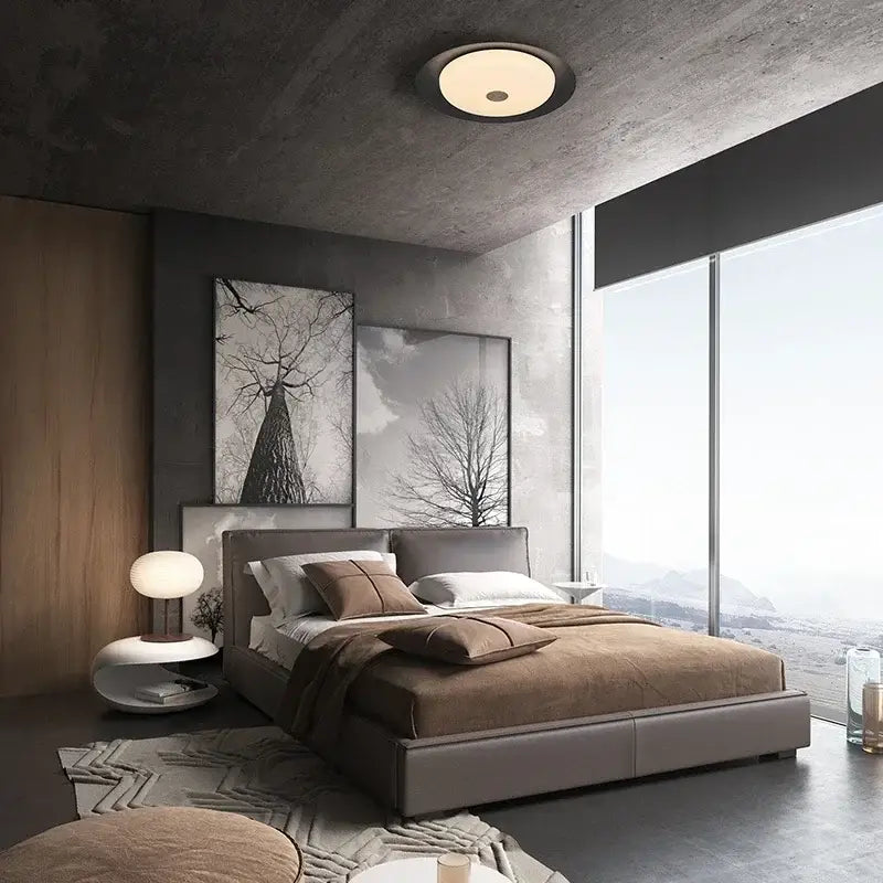 Modern gray leather platform bed bedroom led ceiling light