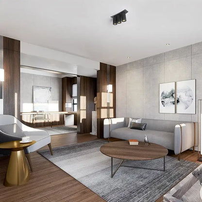 Modern gray minimalist sofa with wooden legs for living room
