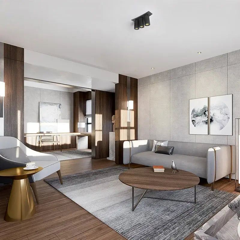 Modern gray minimalist sofa with wooden legs for living room