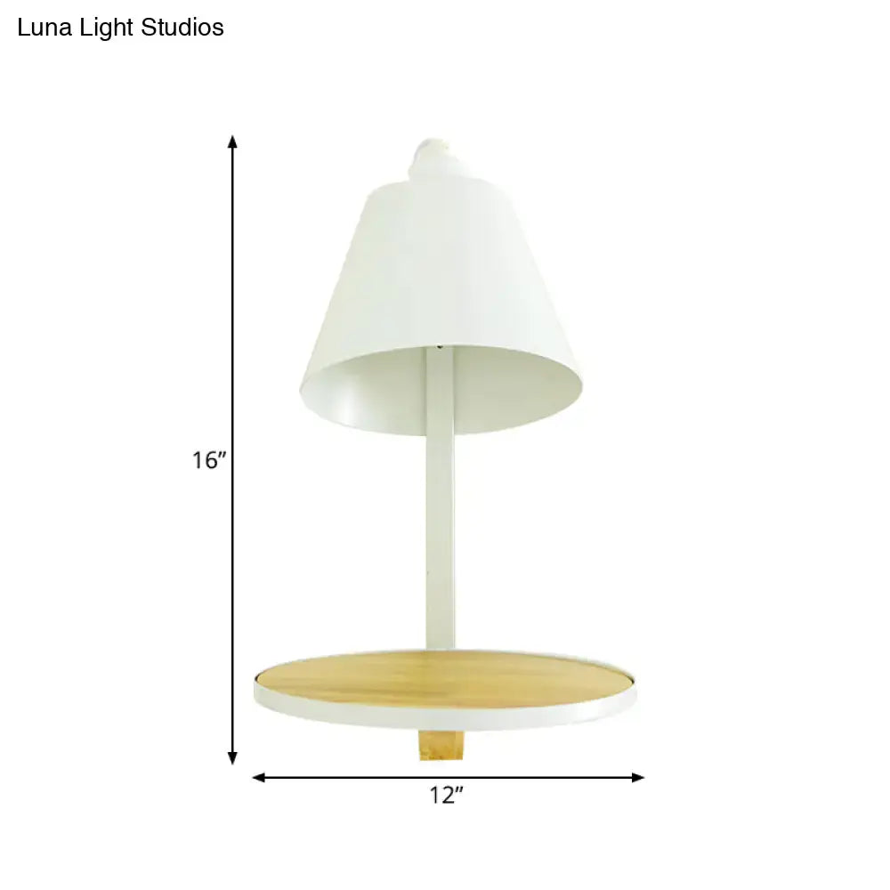 Modern gray tapered shade wall sconce with wooden shelf bedroom light