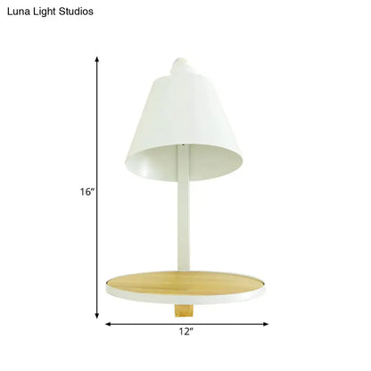 Modern gray tapered shade wall sconce with wooden shelf bedroom light