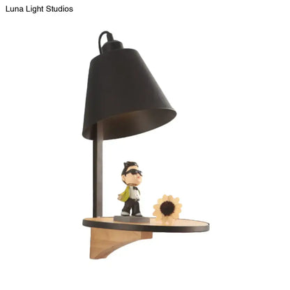 Modern gray tapered shade wall sconce with wooden shelf bedroom light