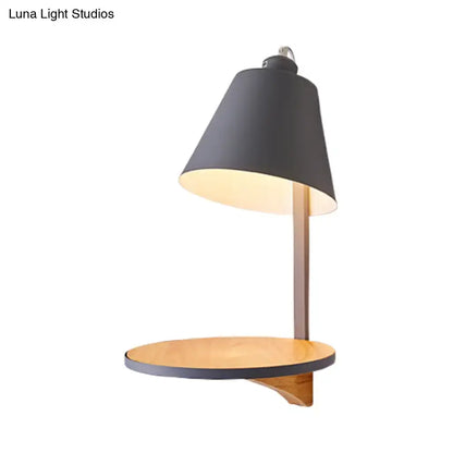 Modern gray tapered shade wall sconce with wooden shelf bedroom light