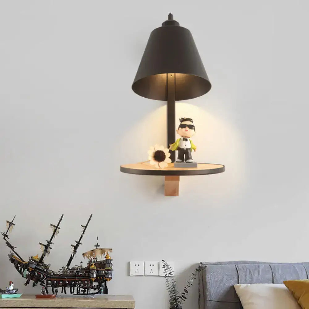 Modern gray tapered shade wall sconce with wooden shelf bedroom light