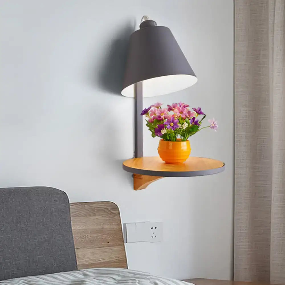 Modern gray tapered shade wall sconce with wooden shelf bedroom light