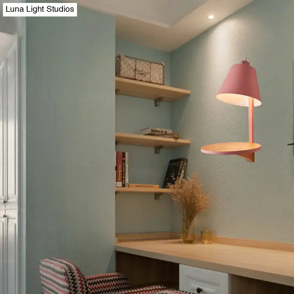 Modern gray tapered shade wall sconce with wooden shelf bedroom light