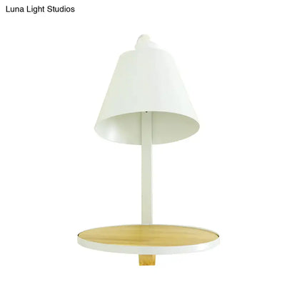 Modern gray tapered shade wall sconce with wooden shelf bedroom light