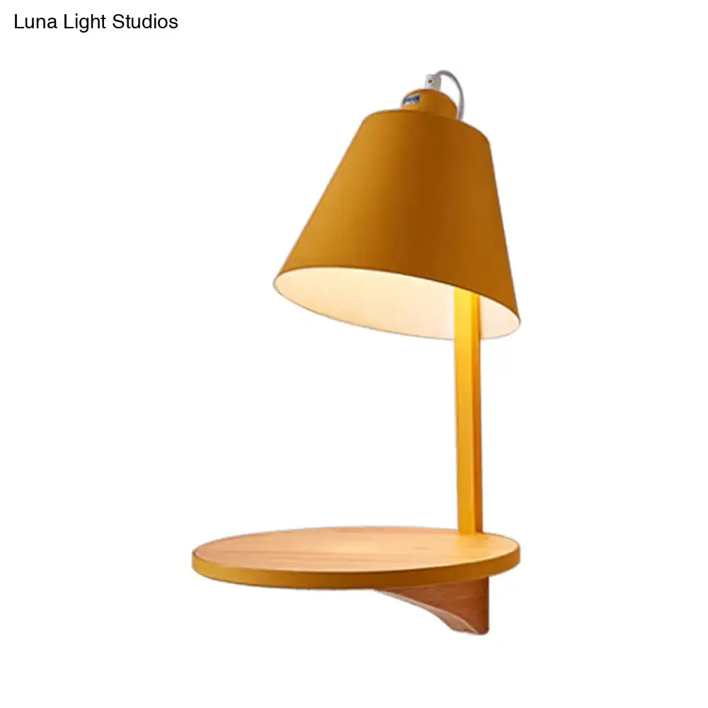 Modern gray tapered shade wall sconce with wooden shelf bedroom light