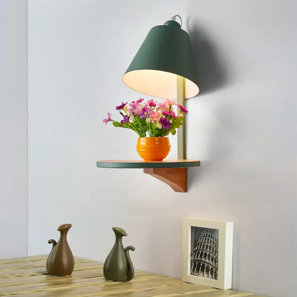 Modern gray tapered shade wall sconce with wooden shelf bedroom light