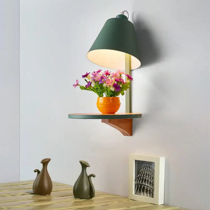 Modern gray tapered shade wall sconce with wooden shelf bedroom light