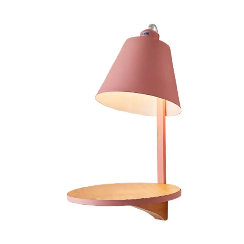 Modern gray tapered shade wall sconce with wooden shelf bedroom light