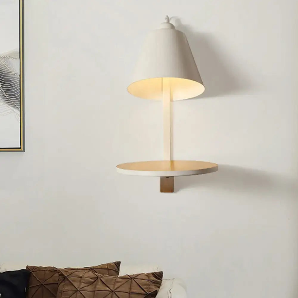 Modern gray tapered shade wall sconce with wooden shelf bedroom light