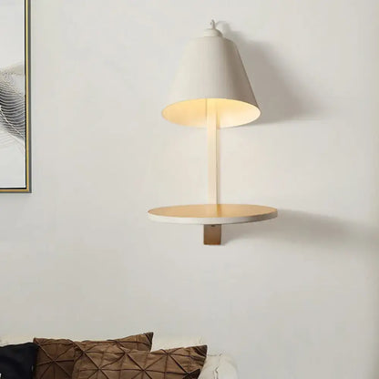 Modern gray tapered shade wall sconce with wooden shelf bedroom light