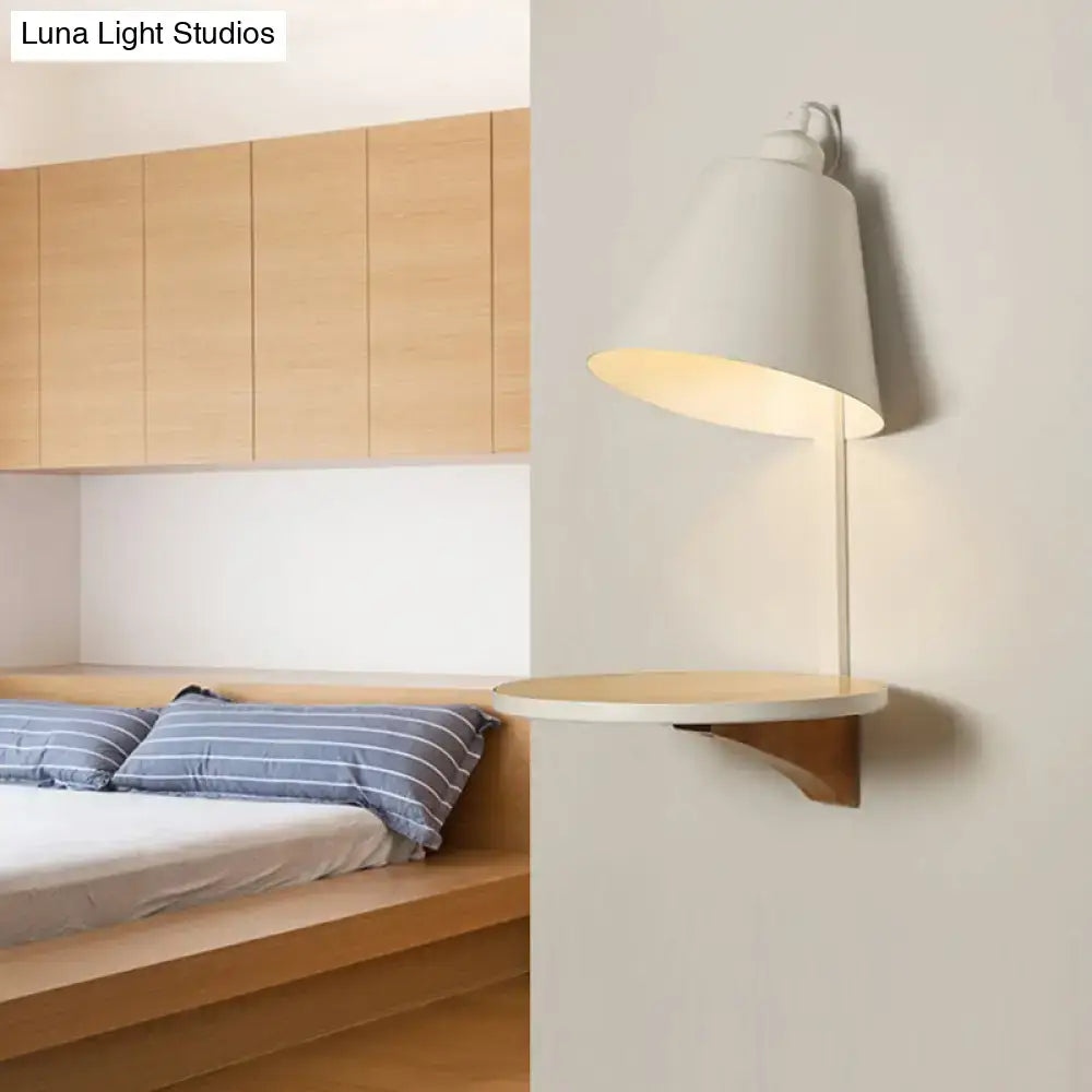 Modern gray tapered shade wall sconce with wooden shelf bedroom light