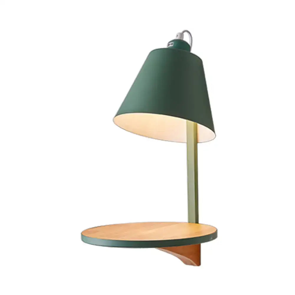 Modern gray tapered shade wall sconce with wooden shelf bedroom light