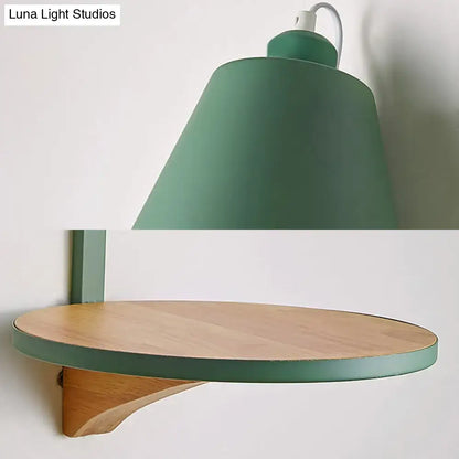 Modern gray tapered shade wall sconce with wooden shelf bedroom light