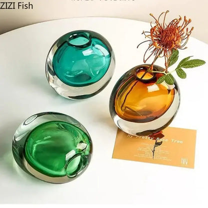 Modern gray & teal glass vase with artificial flowers living room decor