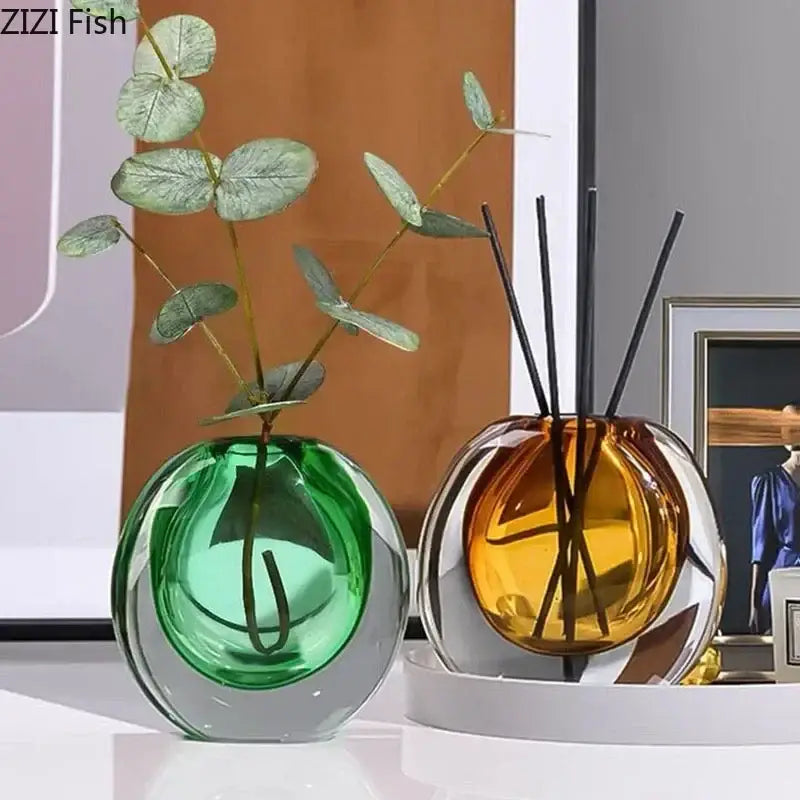 Modern gray & teal glass vase with artificial flowers living room decor