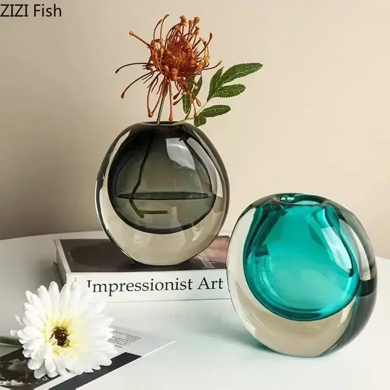 Modern gray & teal glass vase with artificial flowers living room decor