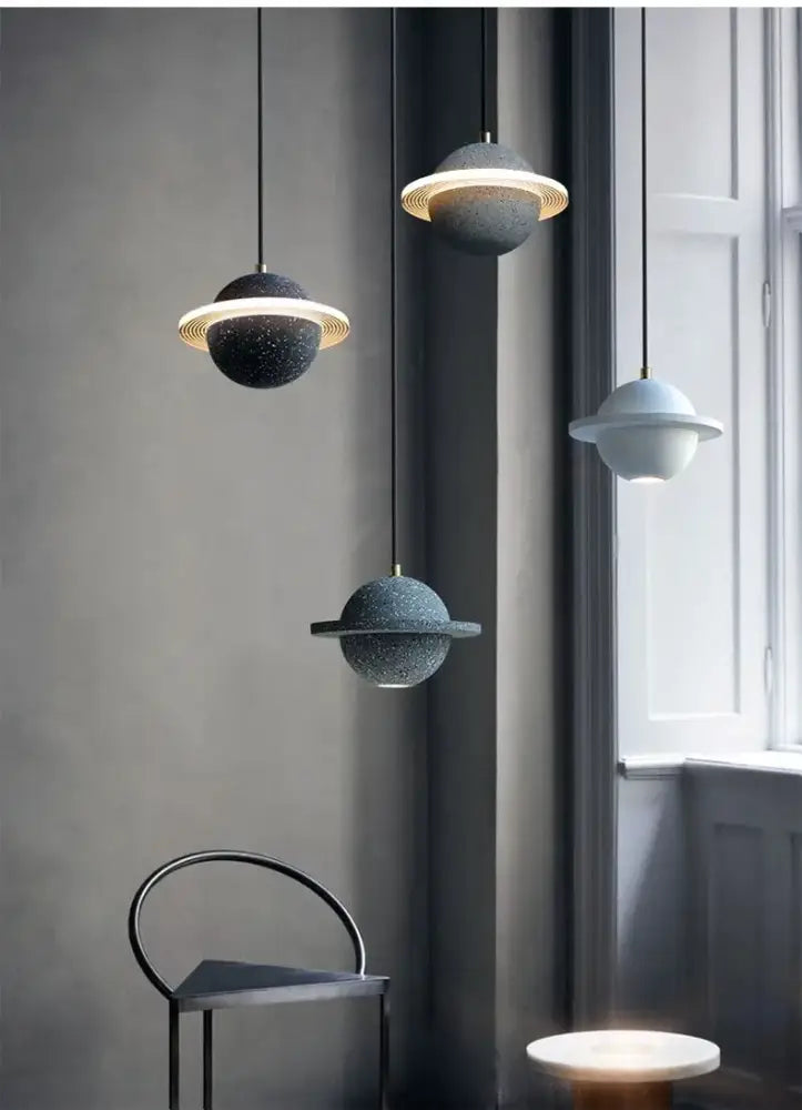 Modern gray & white cement planet pendant light bedroom decor