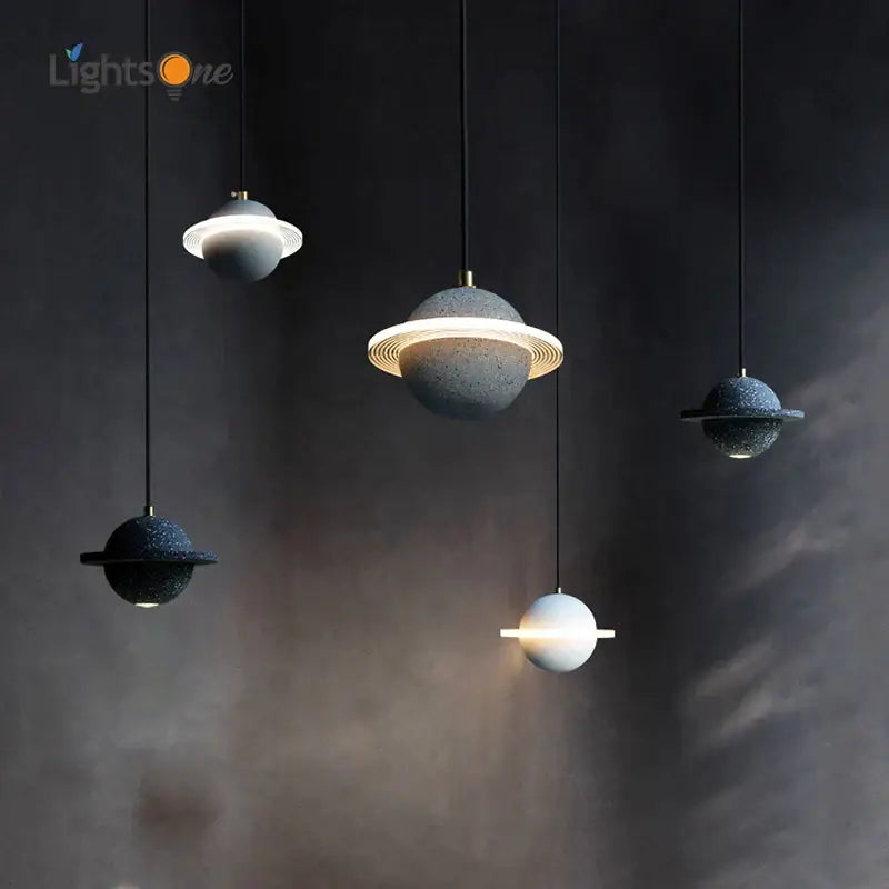 Modern gray & white cement planet pendant light bedroom decor