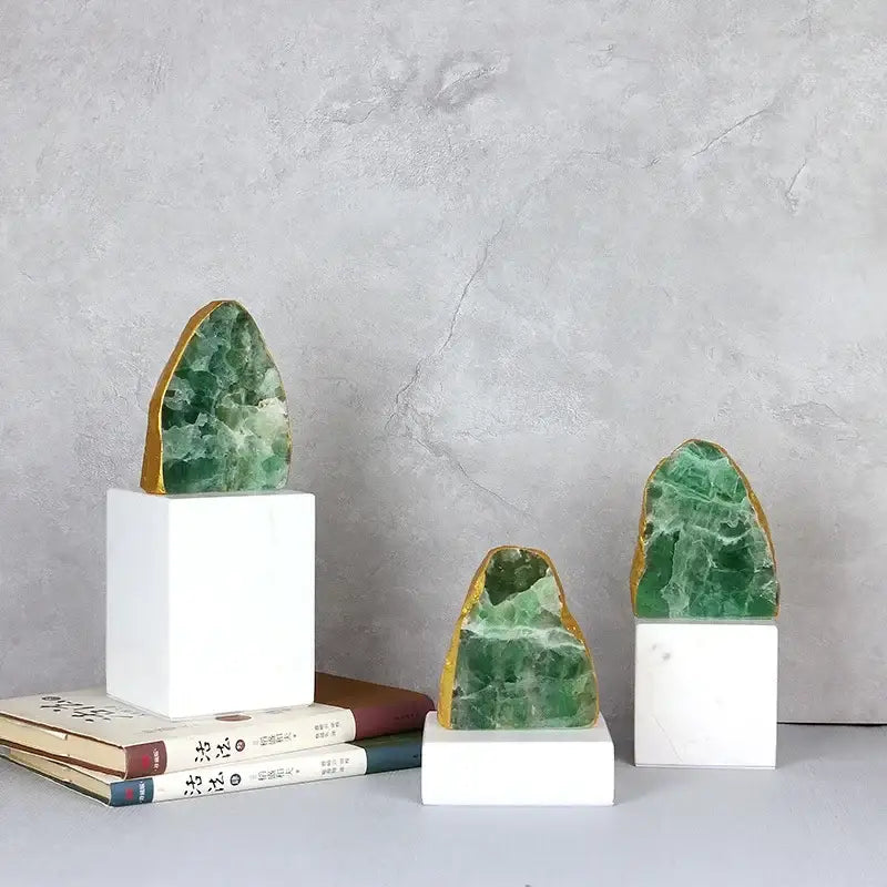 Modern green agate crystal stone bookends living room decor