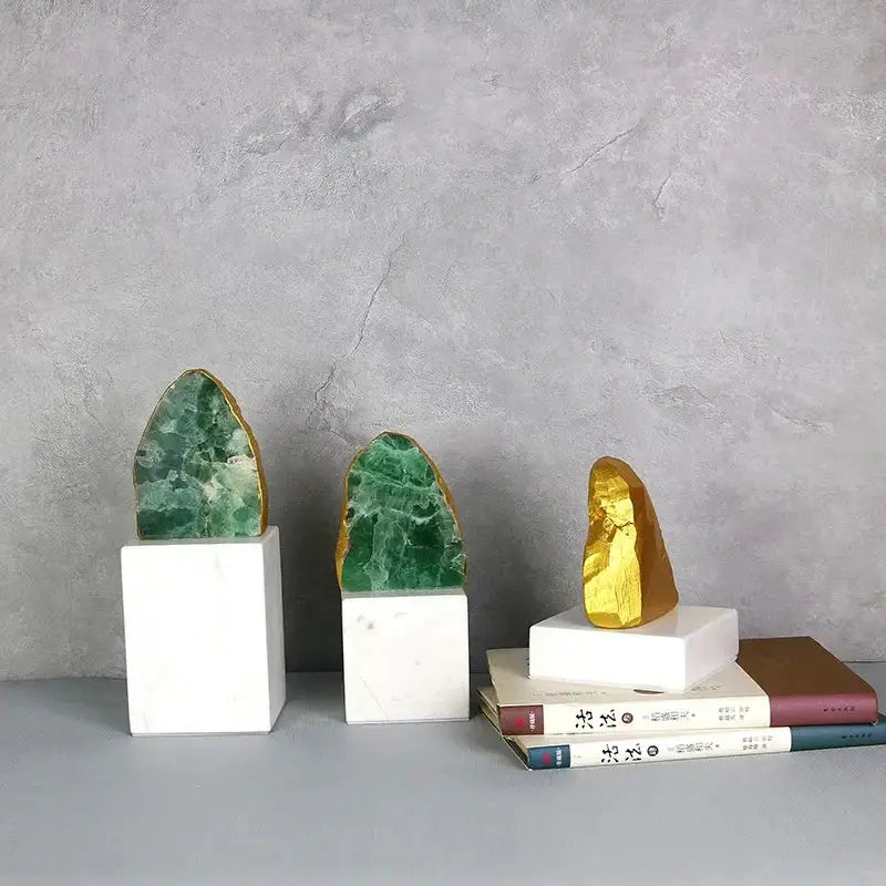 Modern green agate crystal stone bookends living room decor