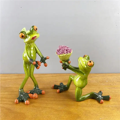 Modern green and orange leggy frog couple figurine living room decor