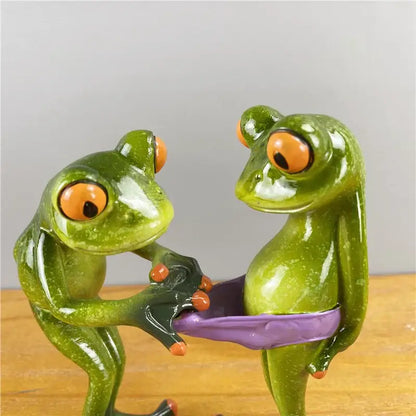 Modern green and orange leggy frog couple figurine living room decor