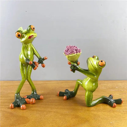 Modern green and orange leggy frog couple figurine living room decor