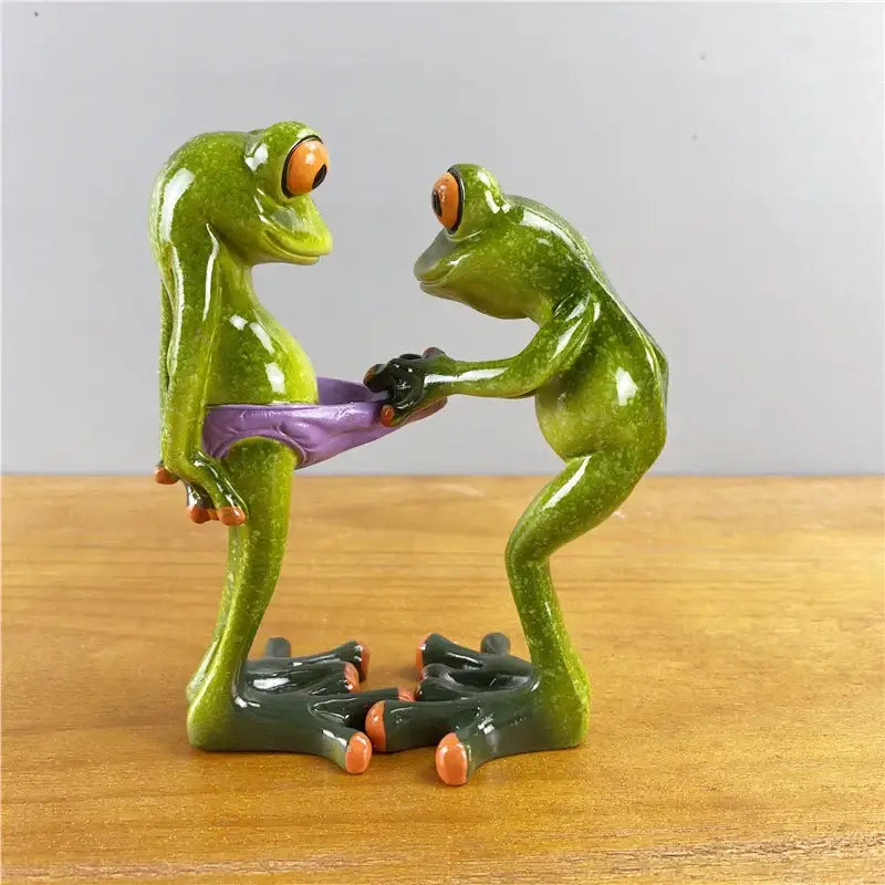 Modern green and orange leggy frog couple figurine living room decor