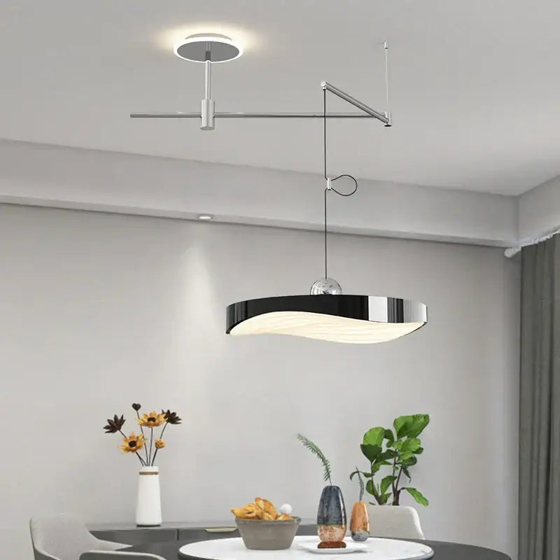 Modern green curved pendant light chandelier – dining room metallic arm