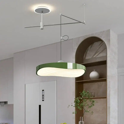 Modern green curved pendant light chandelier – dining room metallic arm