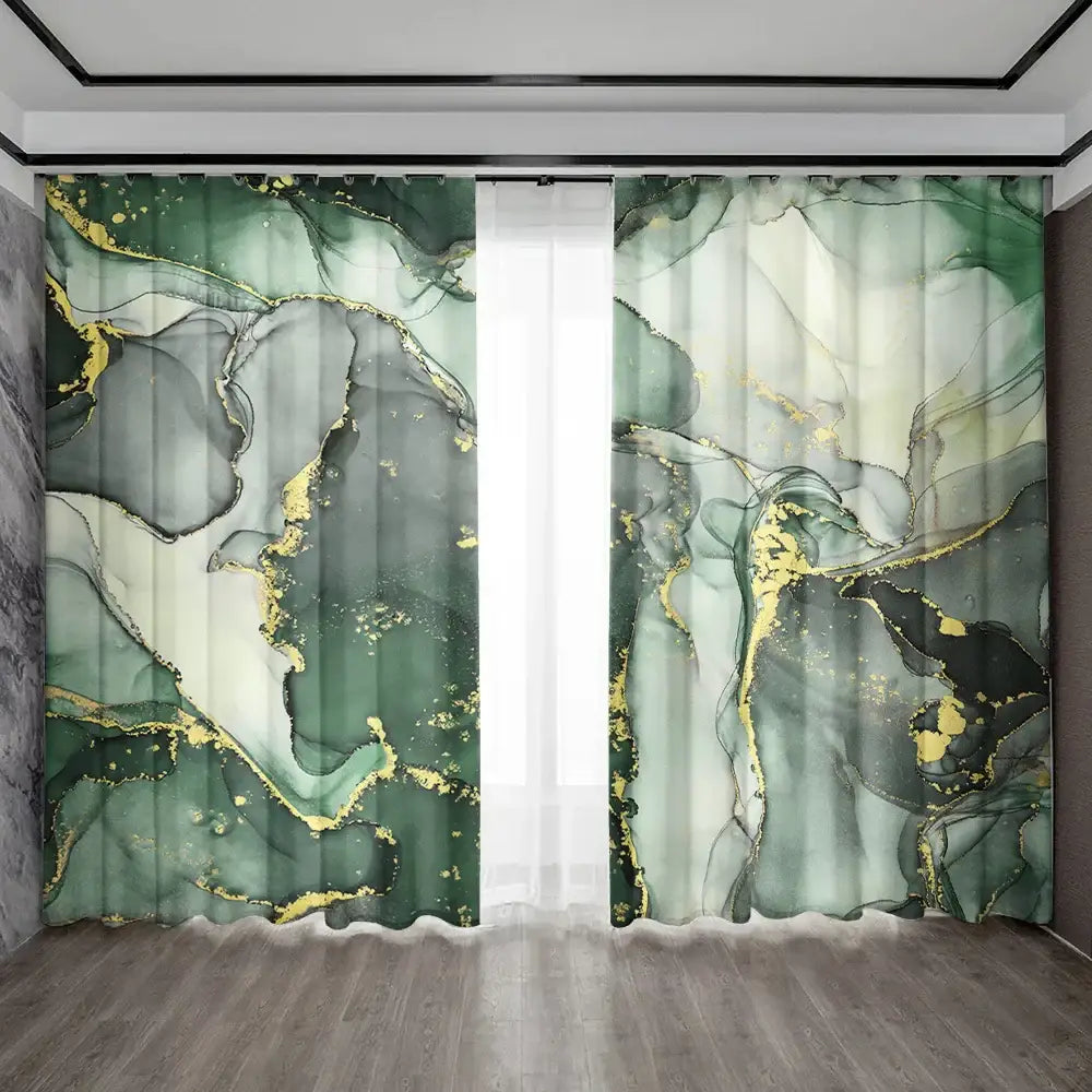 Modern green & gold marble rod pocket sheer curtains for living room