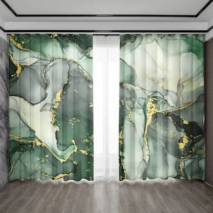 Modern green & gold marble rod pocket sheer curtains for living room