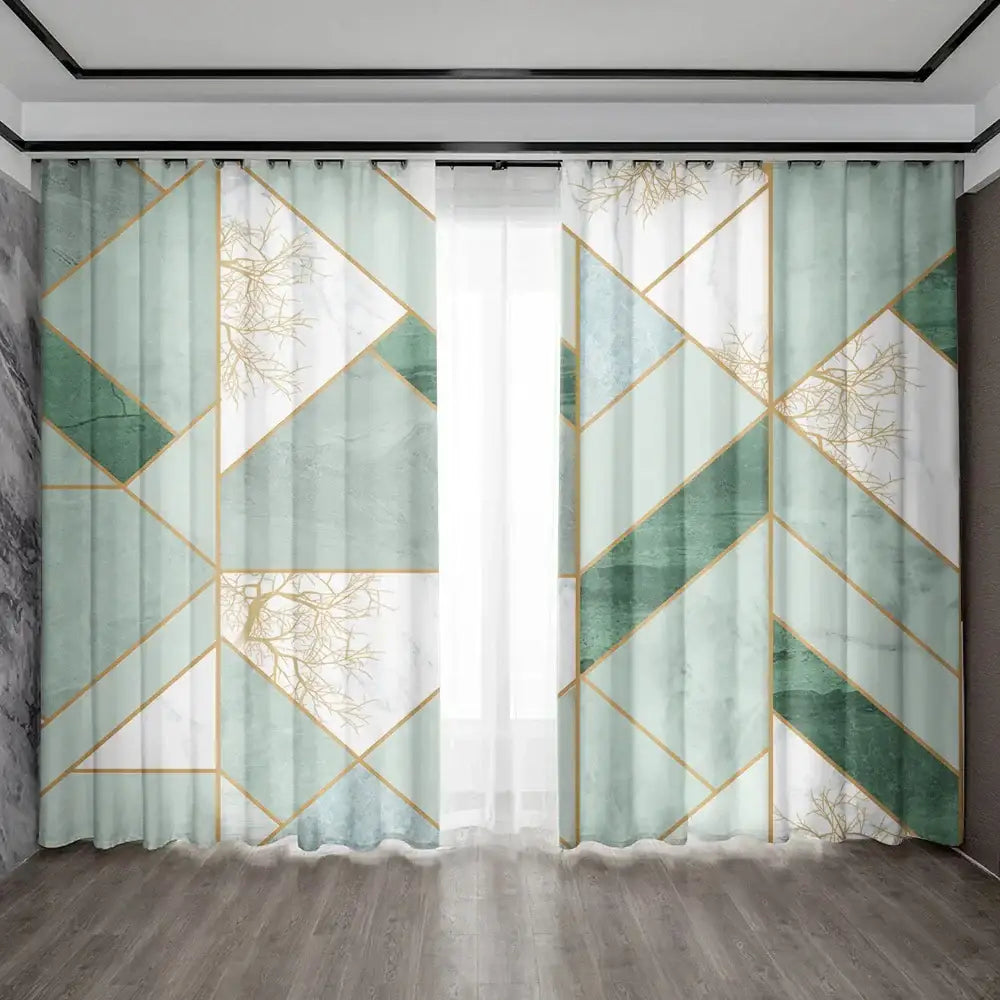 Modern green & gold marble rod pocket sheer curtains for living room