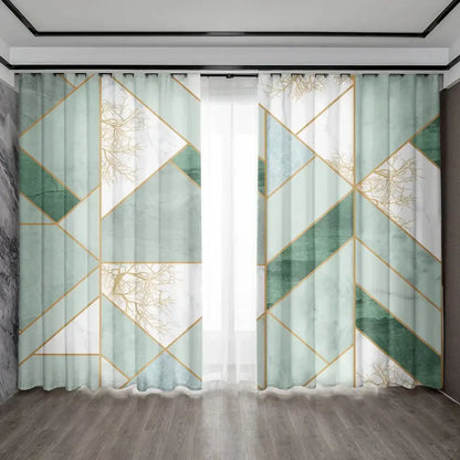Modern green & gold marble rod pocket sheer curtains for living room