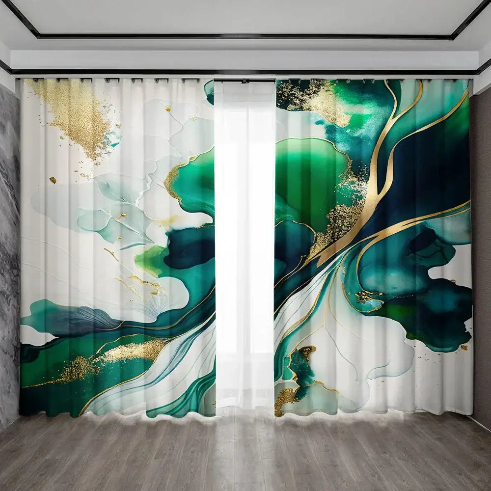 Modern green & gold marble rod pocket sheer curtains for living room