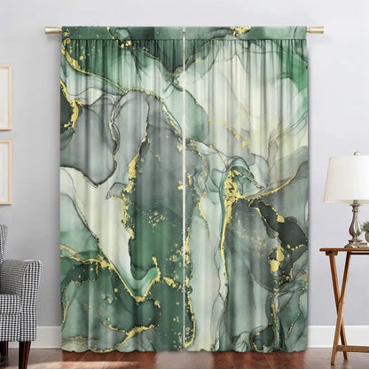 Modern green & gold marble rod pocket sheer curtains for living room