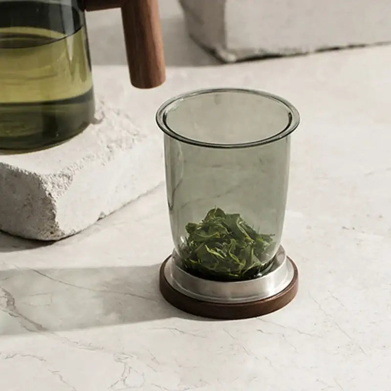 Modern green & gray glass tea cup with wood handle kitchen set