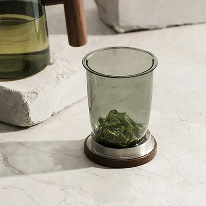 Modern green & gray glass tea cup with wood handle kitchen set