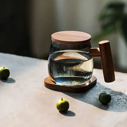 Modern green & gray glass tea cup with wood handle kitchen set